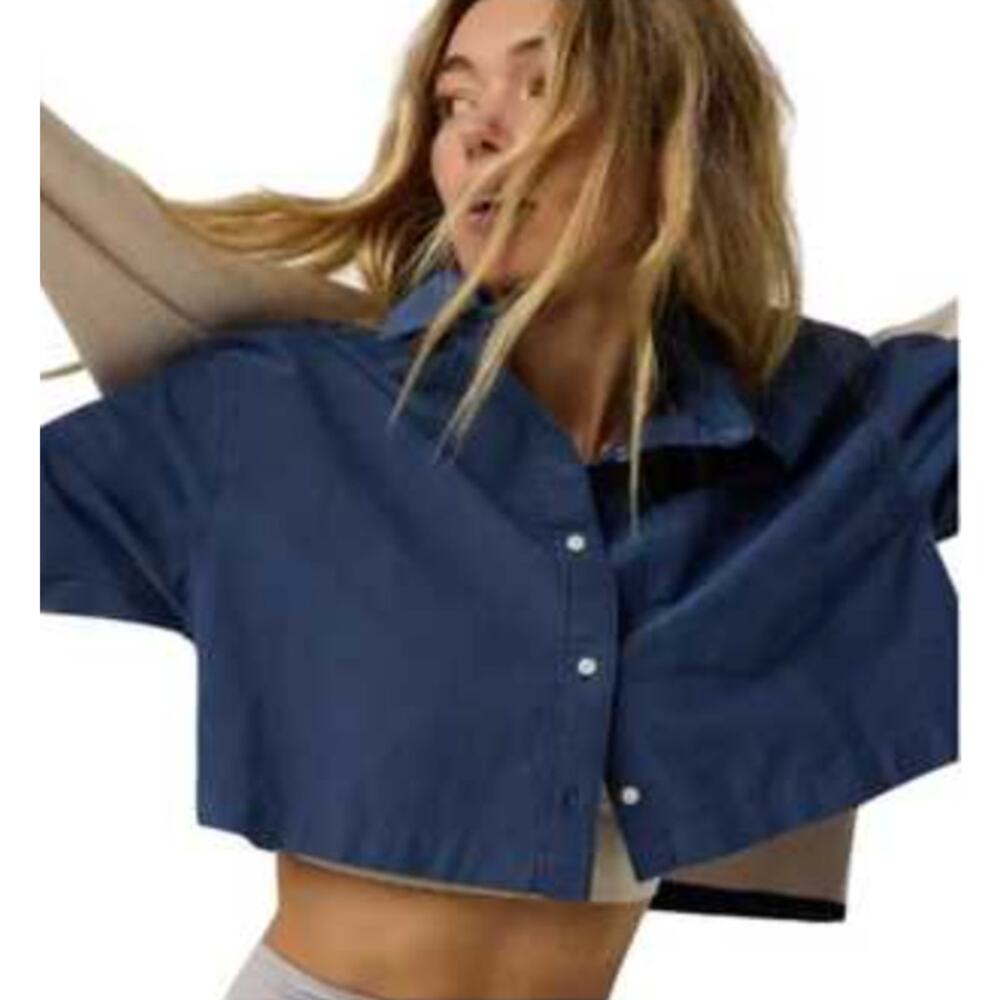 Offline by Aerie Oversized Boxy Button Long Sleeve Crop S Shirt Minimalist Clean